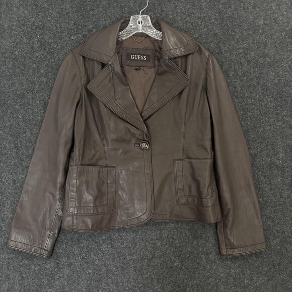 Guess Leather Jacket Women's Large Brown Lamb Leather Blazer One Button Pockets - Picture 1 of 8